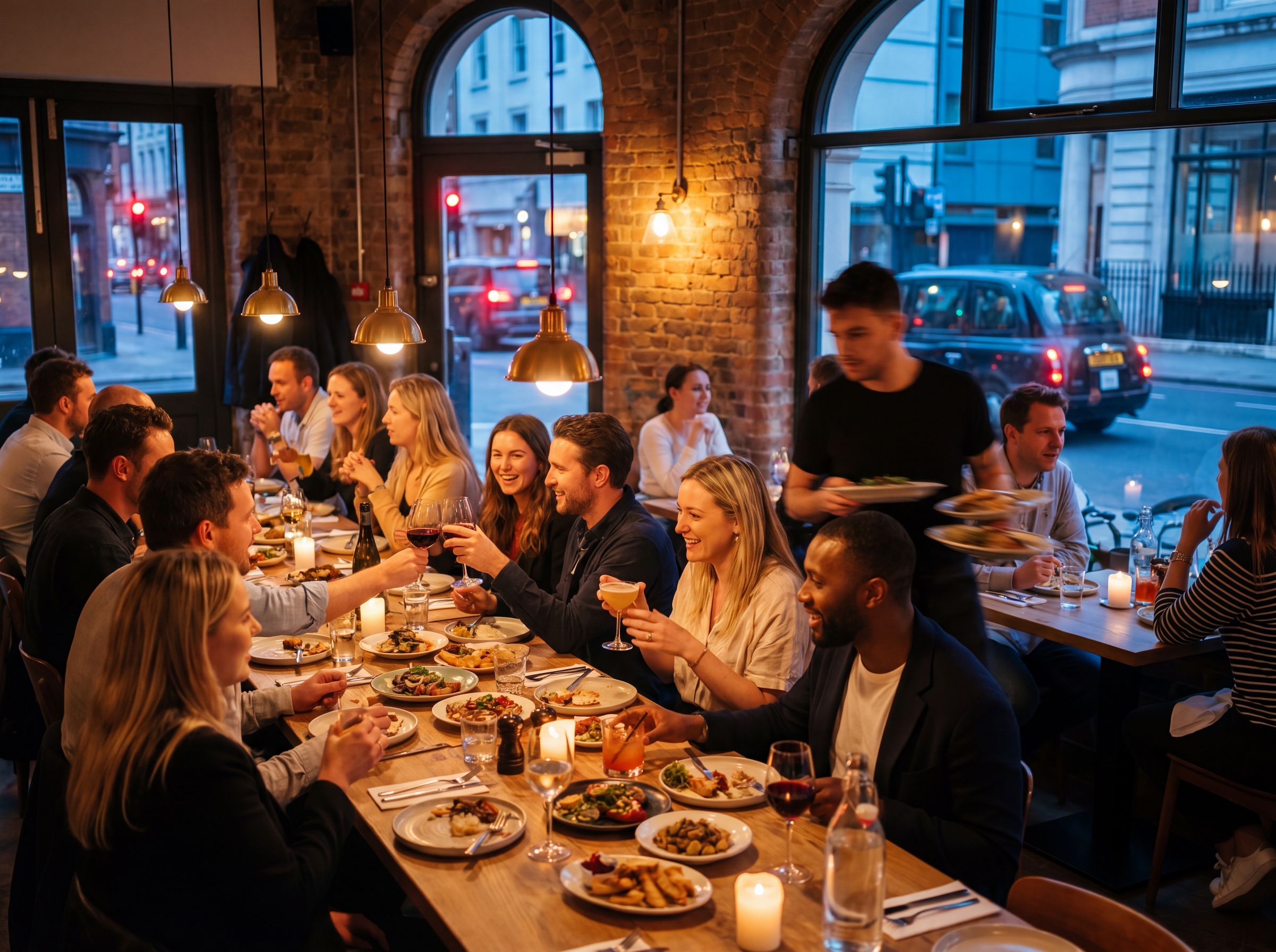 Diners toasting and sharing dishes at a buzzing London restaurant in the early evening