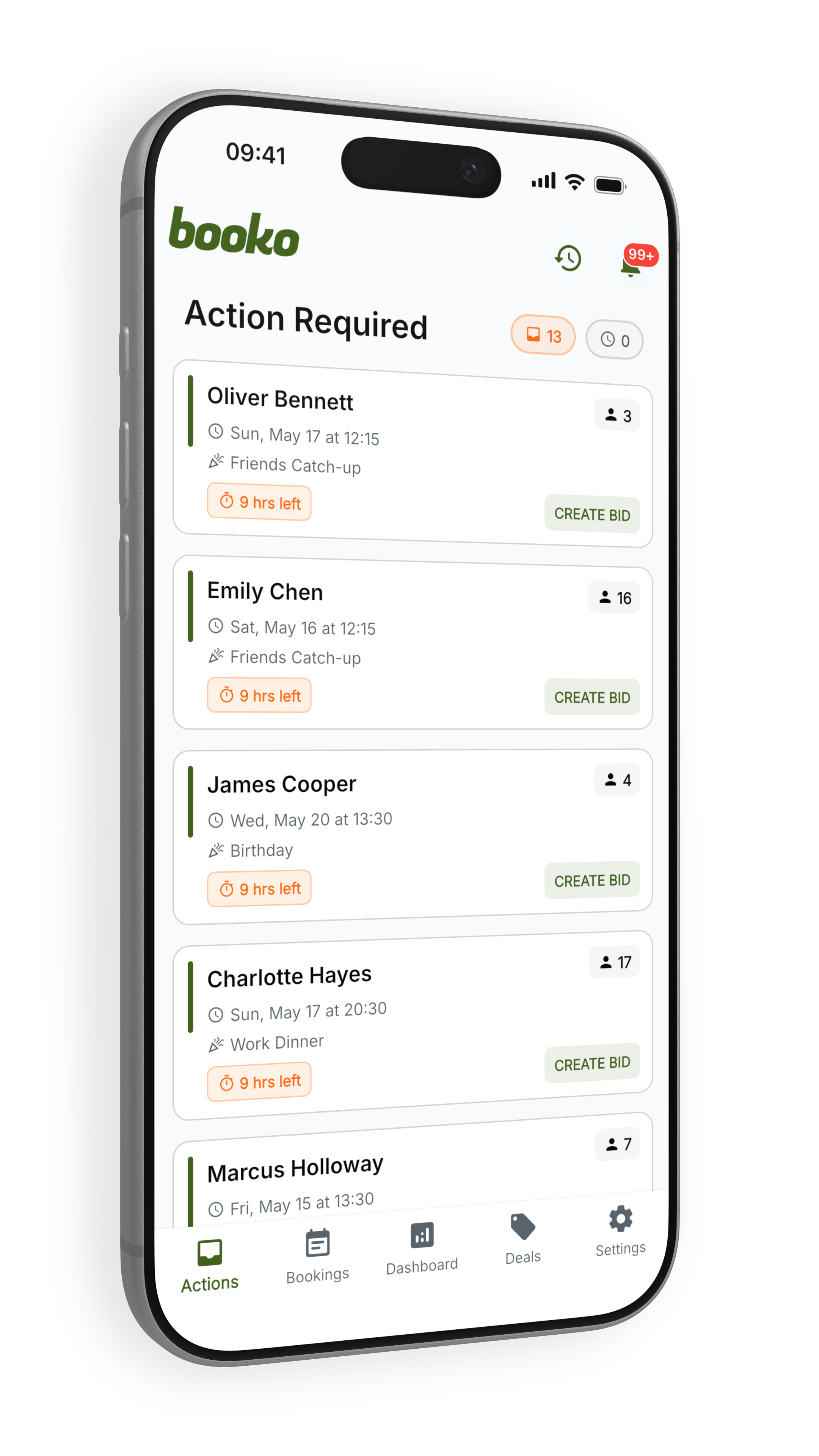 Booko merchant actions screen showing incoming booking requests